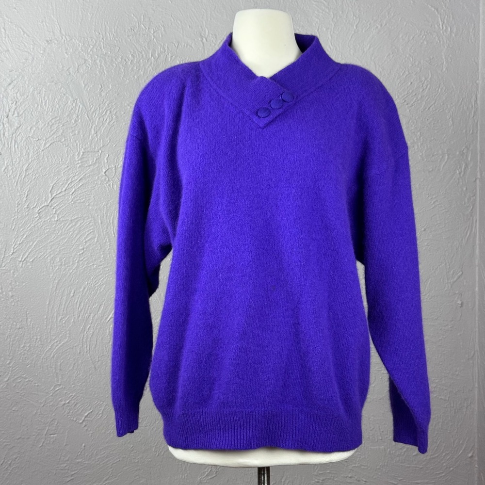 Vintage 80s purple angora lambswool sweater asymmetrical button neck large or XL